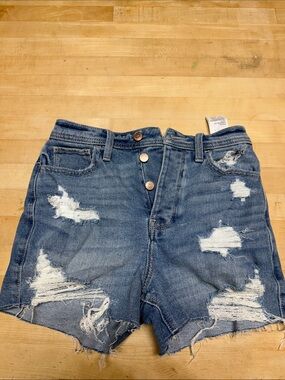 Hollister Distressed High-Waist Denim Shorts in Medium Blue